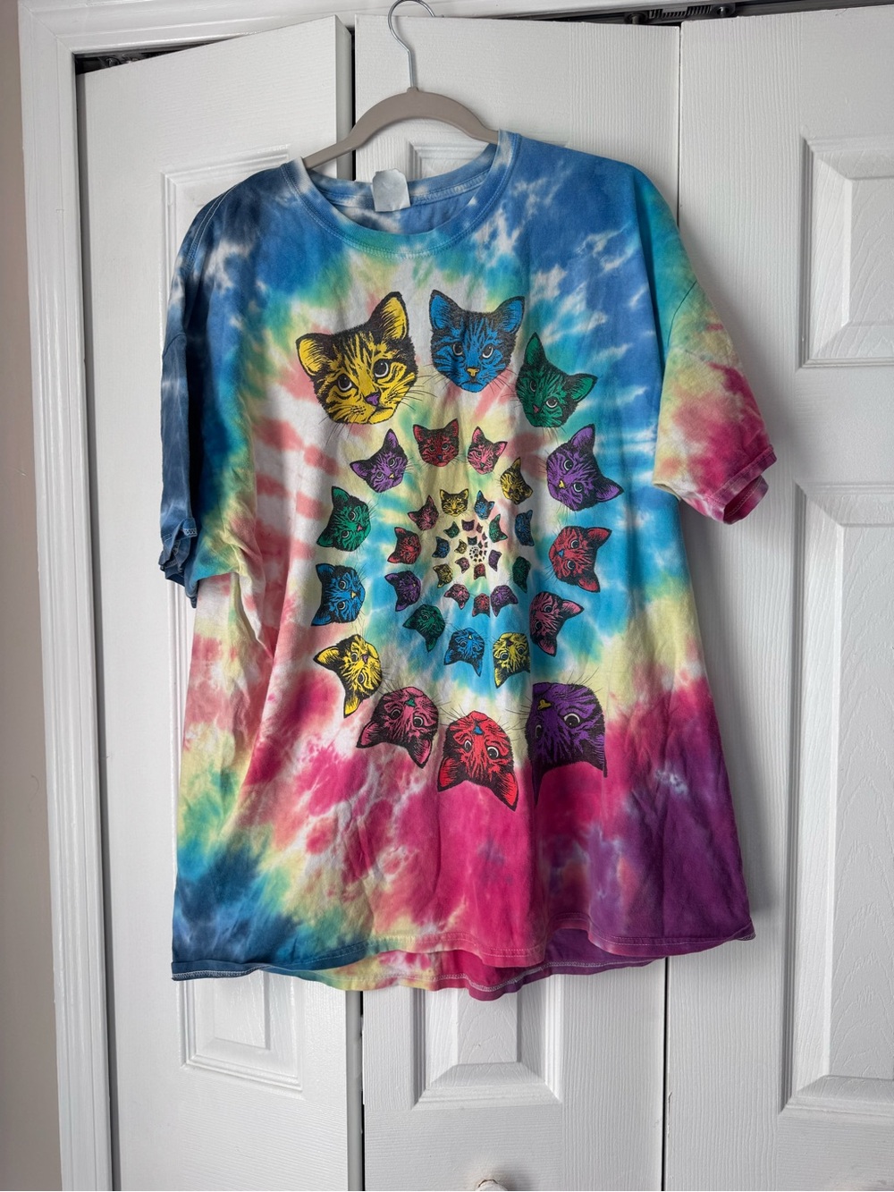 Fruit of the Loom Spiral Cat Tie Dye Graphic Tee XL Trippy Psychedelic